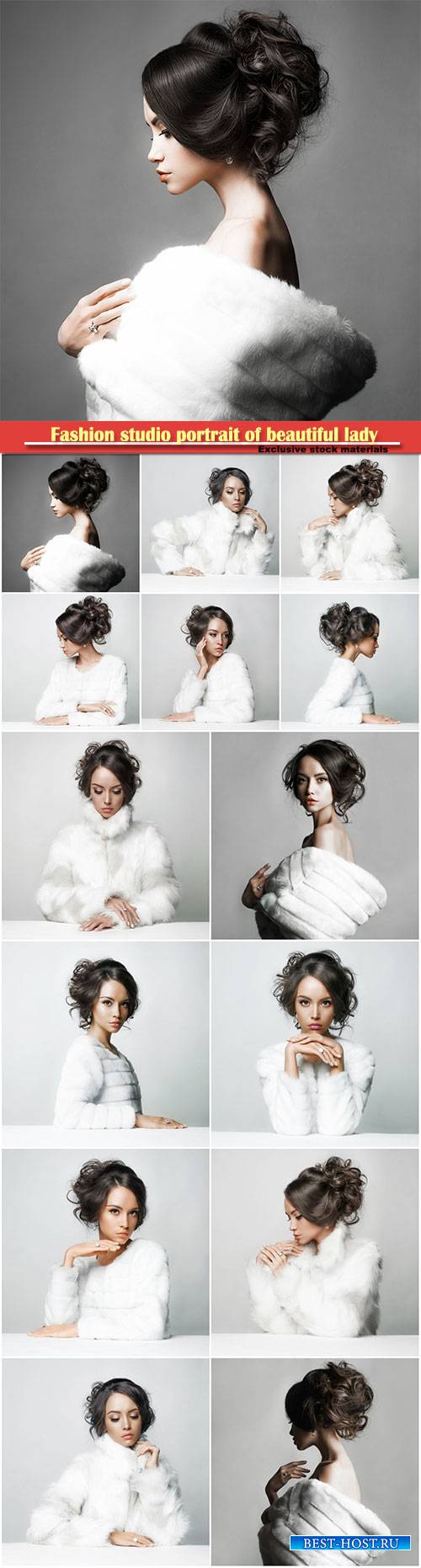 Fashion studio portrait of beautiful lady with elegant hairstyle in white f ...