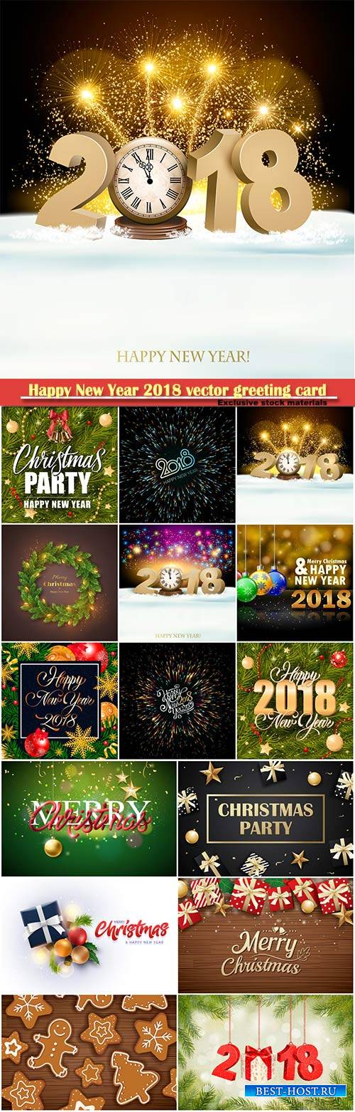 Happy New Year 2018 vector greeting card, golden snowflakes and colorful ba ...