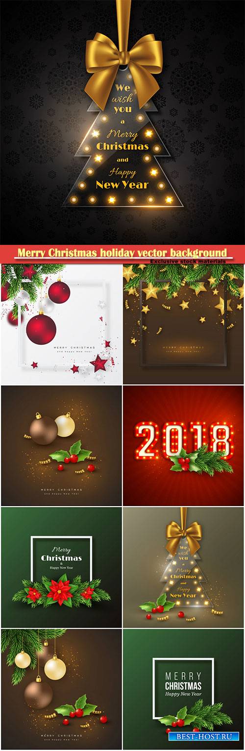 Merry Christmas holiday vector background, decorations with spruce branches