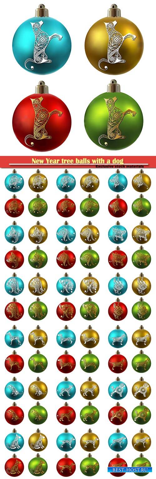 New Year tree balls with a dog symbol of 2018