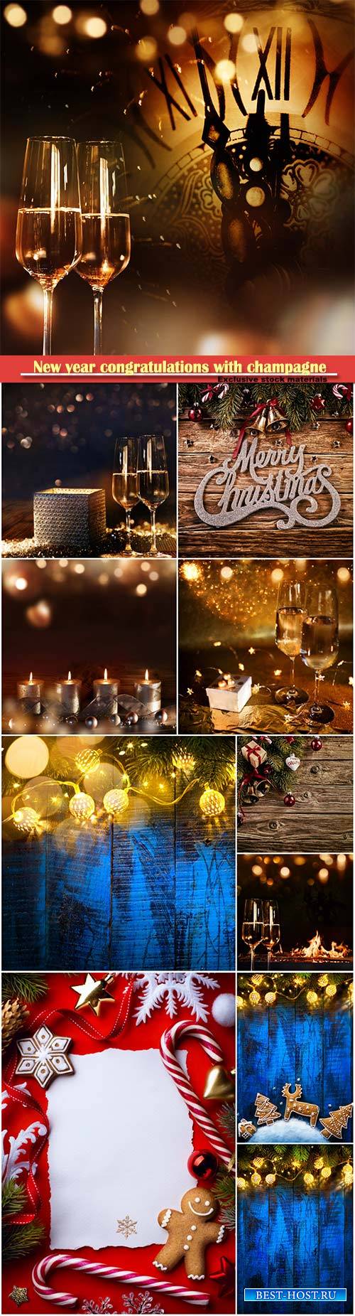 New year congratulations with champagne, Christmas decorations