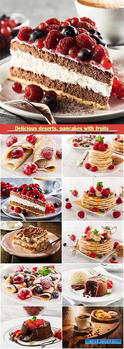 Delicious pancakes with fruits, piece of tiramisu cake