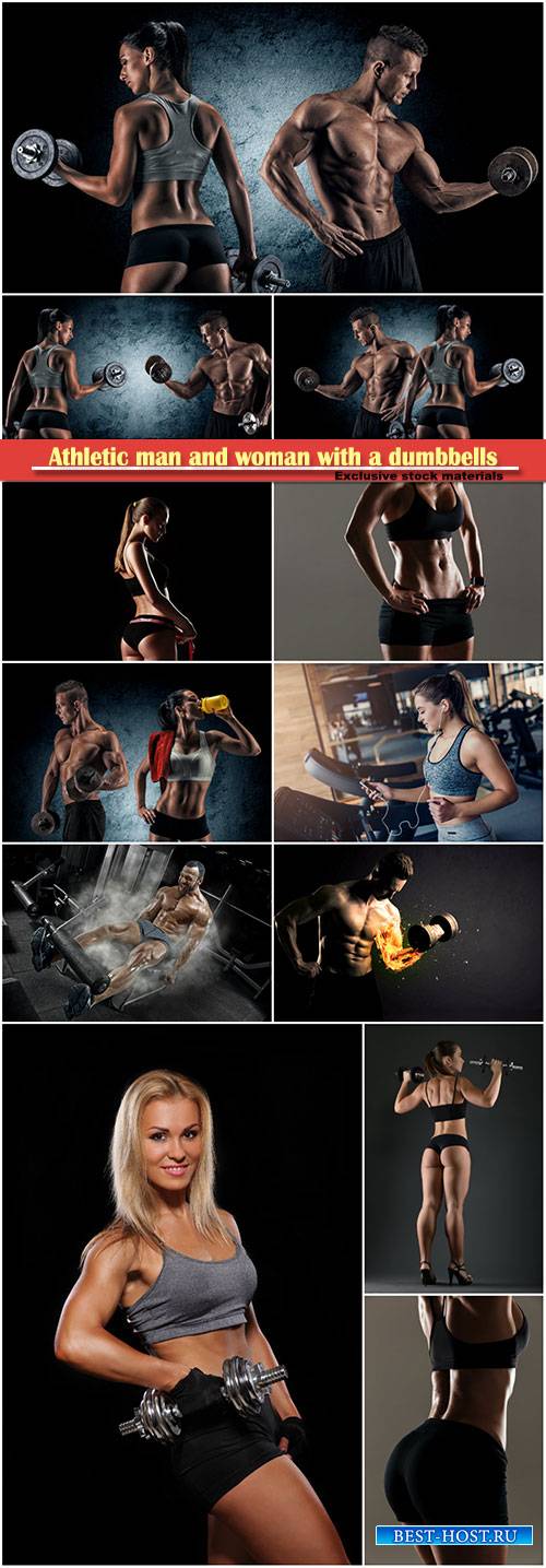 Athletic man and woman with a dumbbells, concept of health and sport