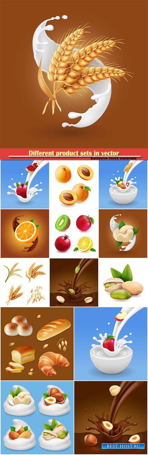Different product sets in vector, pistachio nut in liquid chocolate, berries in milk splash, bread, bakery