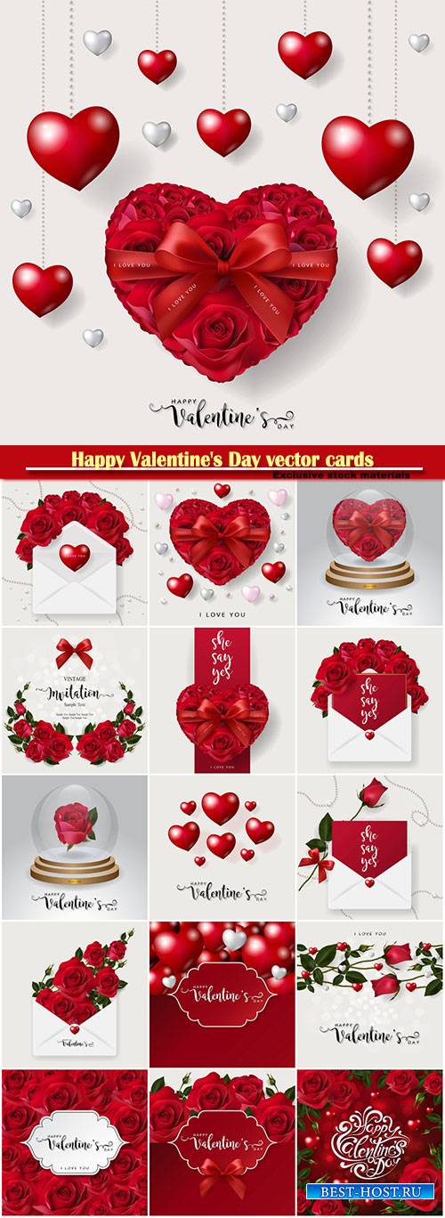 Happy Valentine's Day vector cards, red roses and hearts, romantic backgrounds # 5