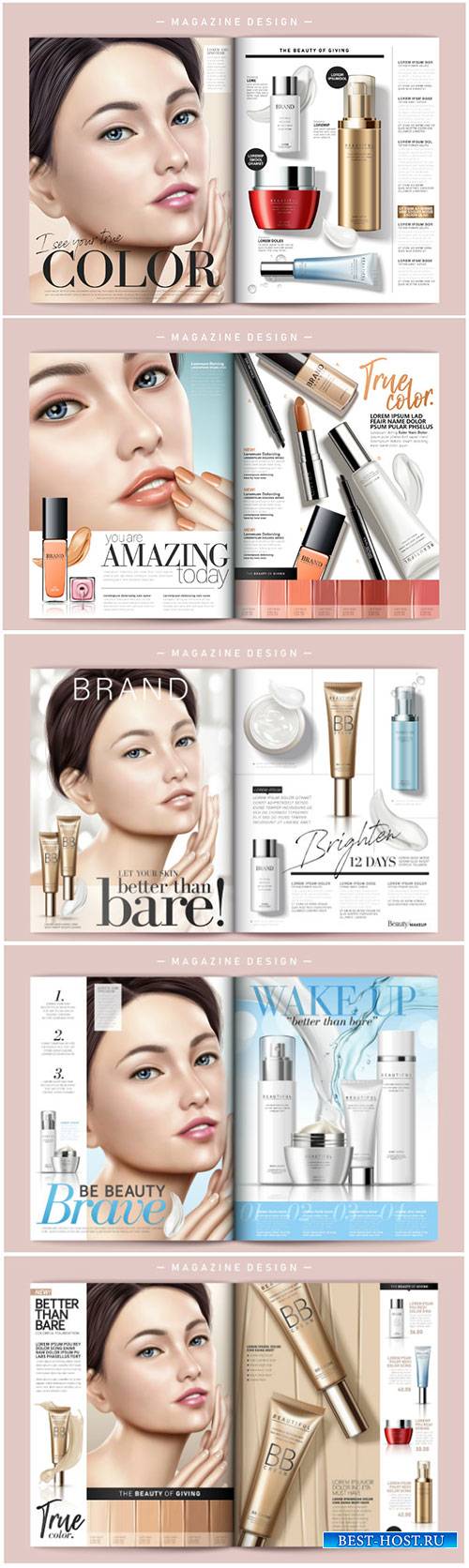 Cosmetic magazine vector template, attractive model with product containers ...