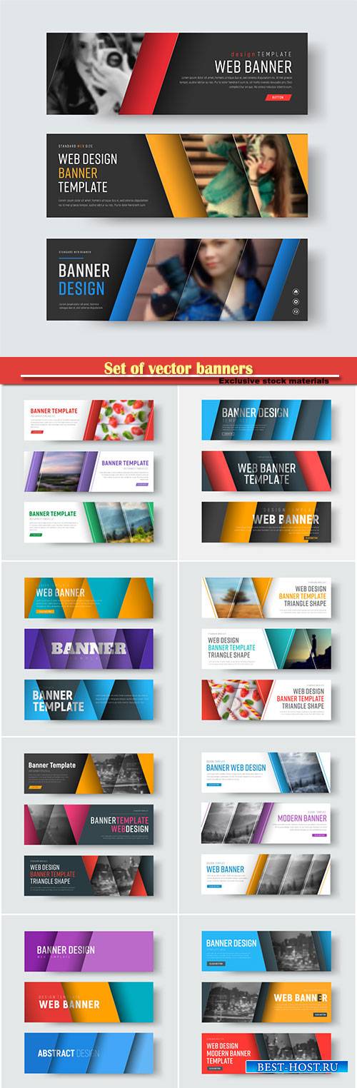 Set of vector banners with diagonal colored lines with shadow