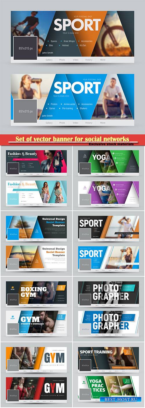 Set of vector banner for social networks with diagonal lines and a place for photos