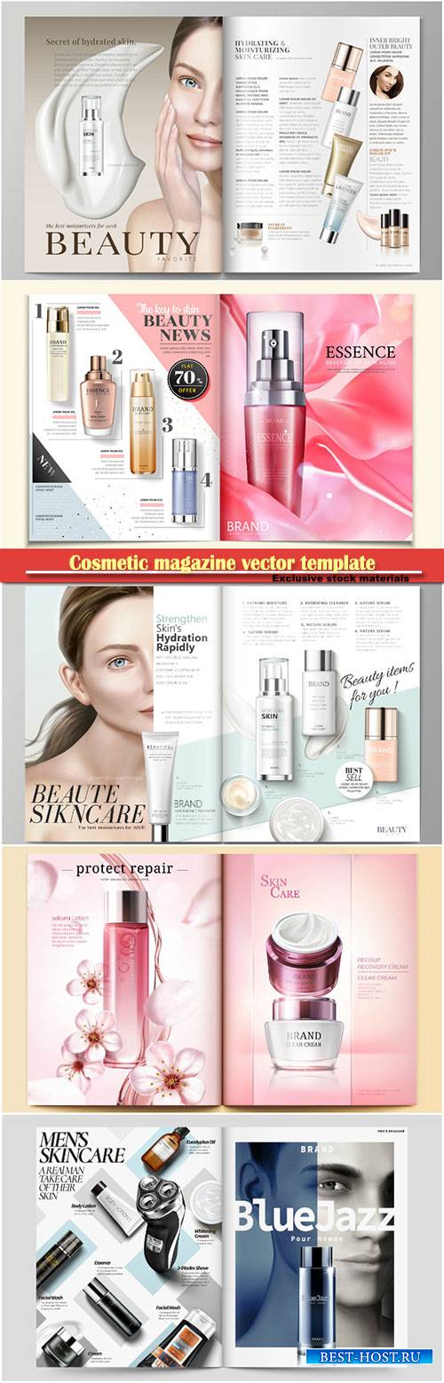 Cosmetic magazine vector template, attractive model with product containers ...