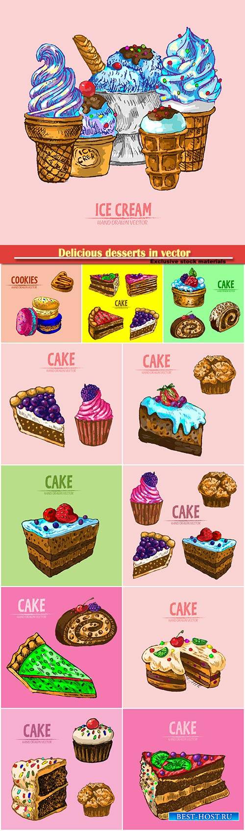 Delicious desserts in vector, cakes and ice cream