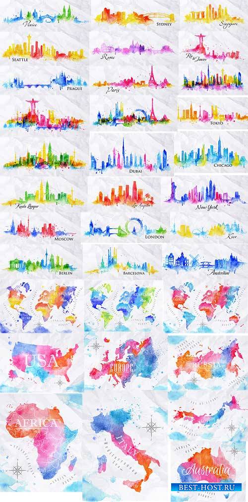 Watercolor world map and Silhouette city in vector