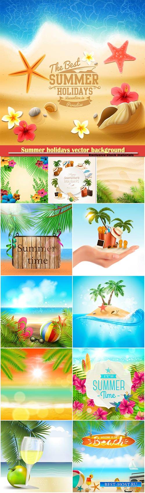 Summer holidays vector background, tropical beach, sea, fresh cocktails, sa ...
