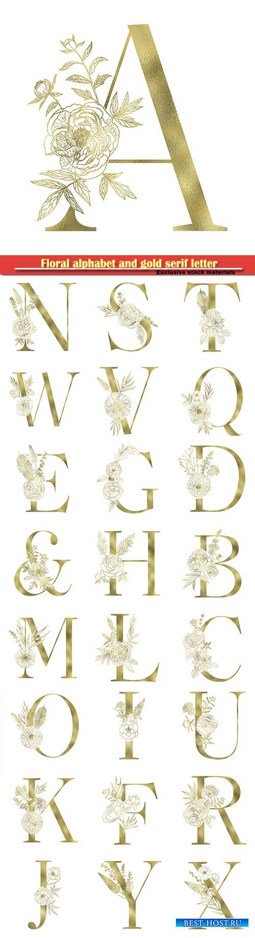 Floral alphabet and gold serif letter, vector decorative ABC