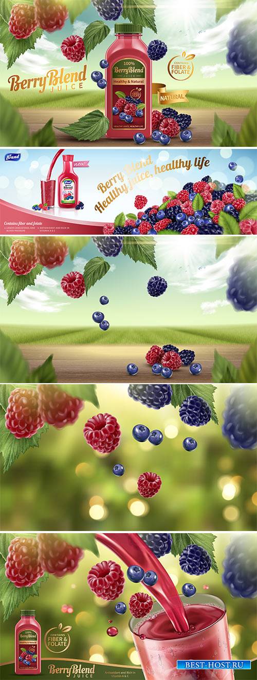 Natural berry blend juice, vector 3d illustration