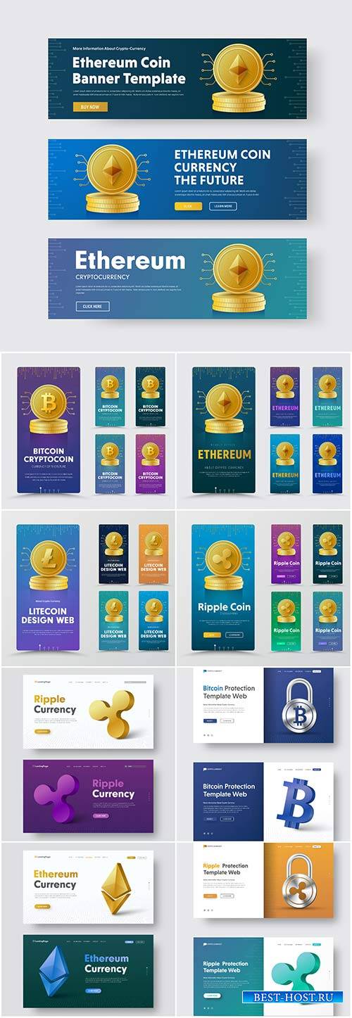 Vector web banner set with gold coin of cryptocurrency and 3d bitcoin icon
