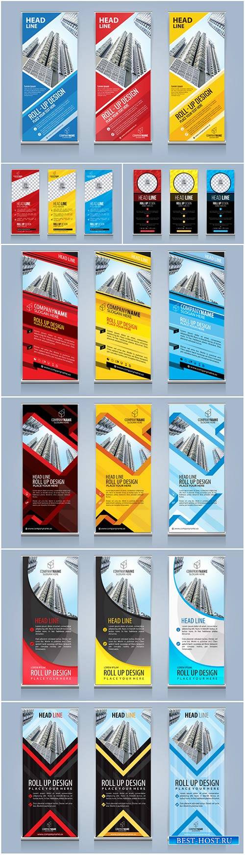 Roll up banners for web and advertisement print out, vector flyer handout d ...