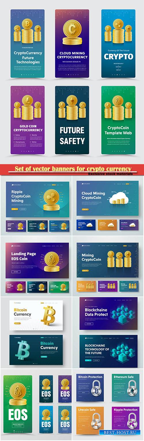 Set of vector banners for crypto currency with different gold coins, 3D coin-bitcoin icon