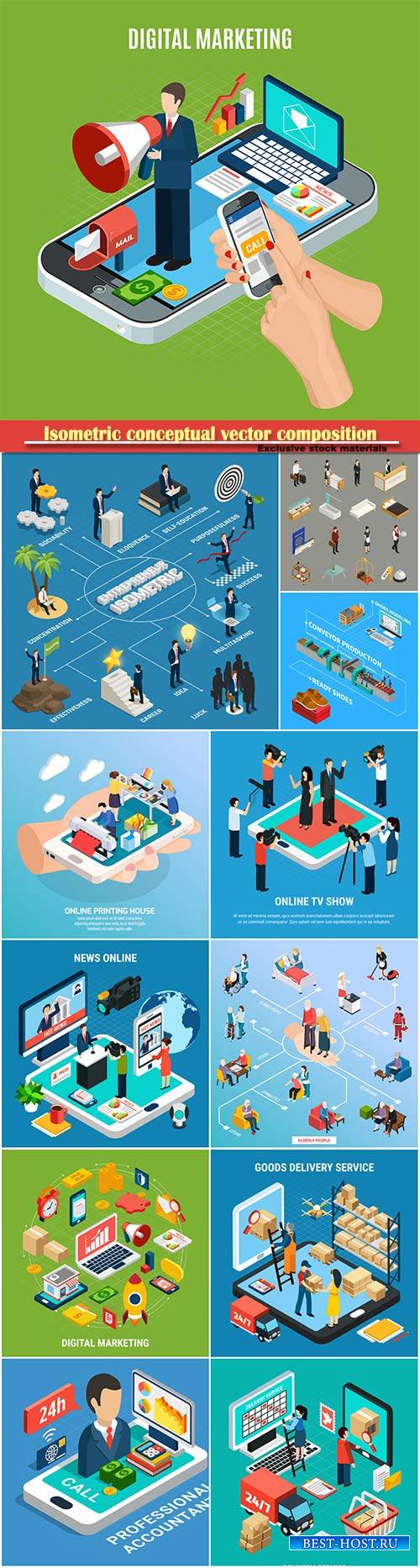 Isometric conceptual vector composition, infographics template # 21