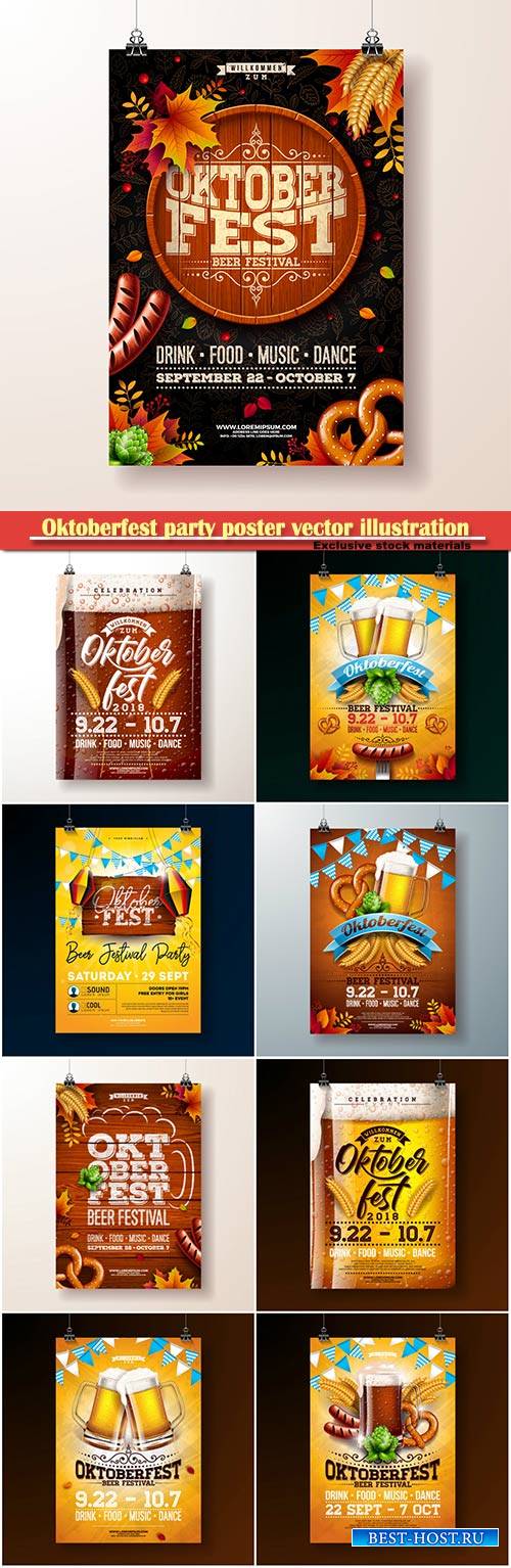 Oktoberfest party poster vector illustration, celebration flyer template for traditional German beer festival