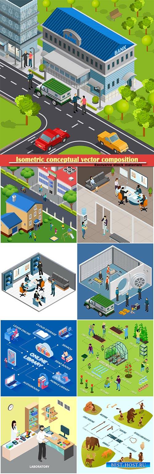 Isometric conceptual vector composition, infographics template # 36