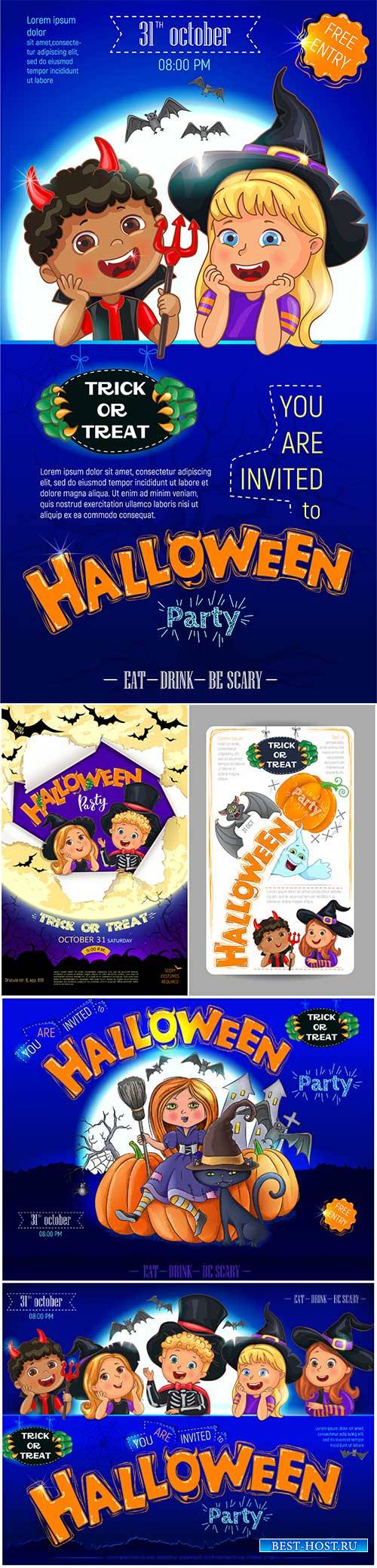 Halloween party design with cute kids invitation flyer