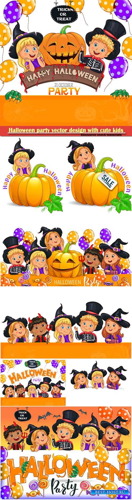 Halloween party vector design with cute kids