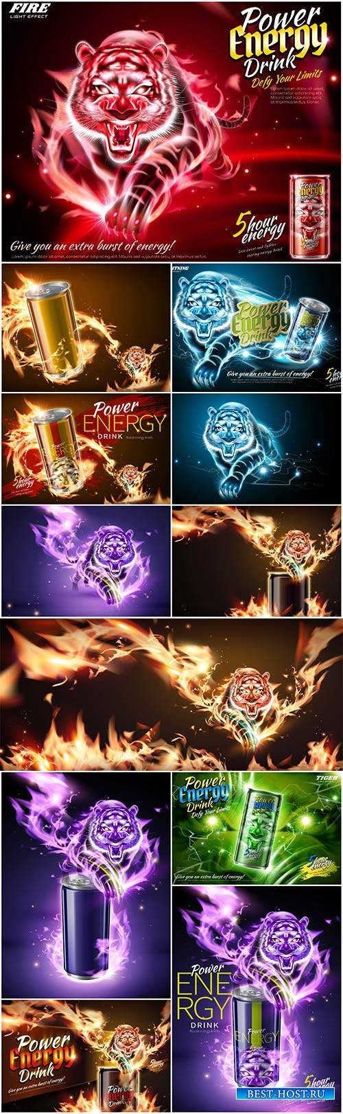 Power energy drink ads with flame tiger effect in 3d illustration