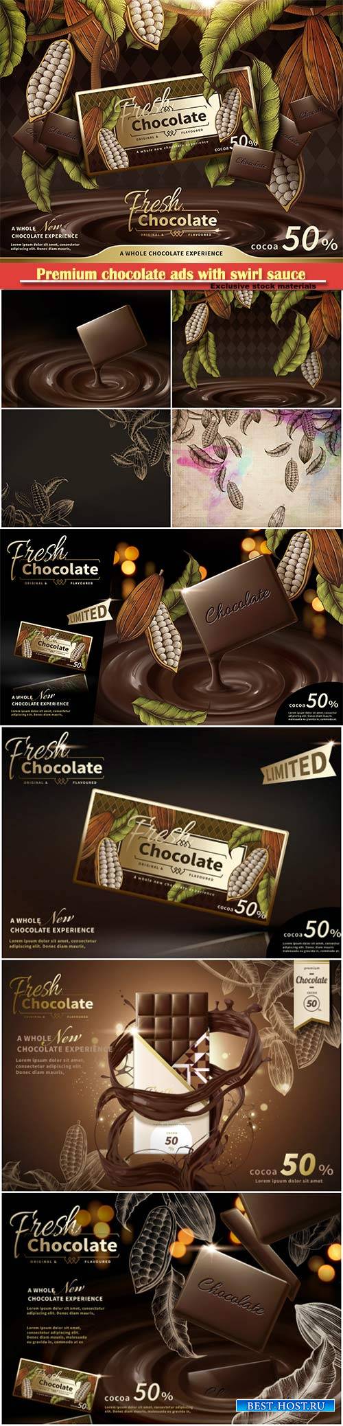 Premium chocolate ads with swirl sauce in 3d illustration, engraved cacao plants elements