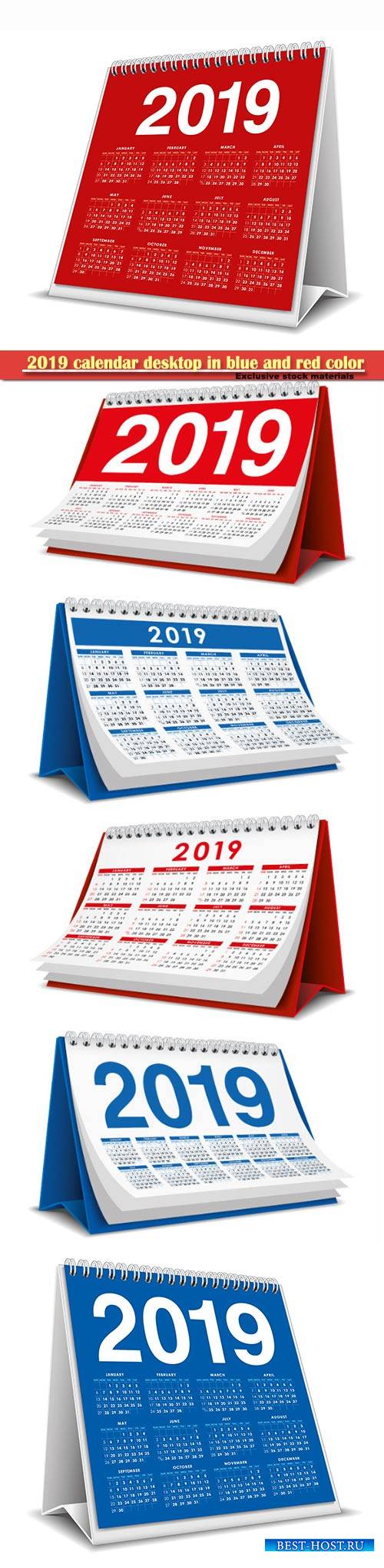2019 calendar desktop in blue and red color