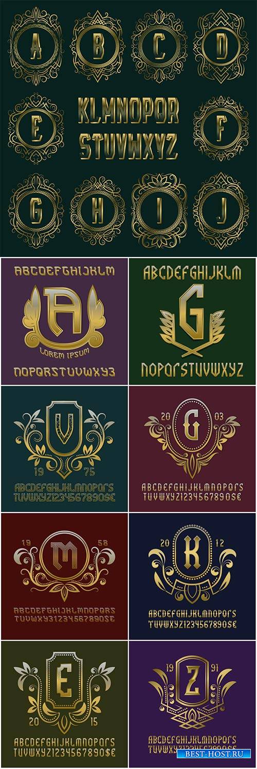 Set of golden vector monograms, luxurious alphabet and logo design elements
