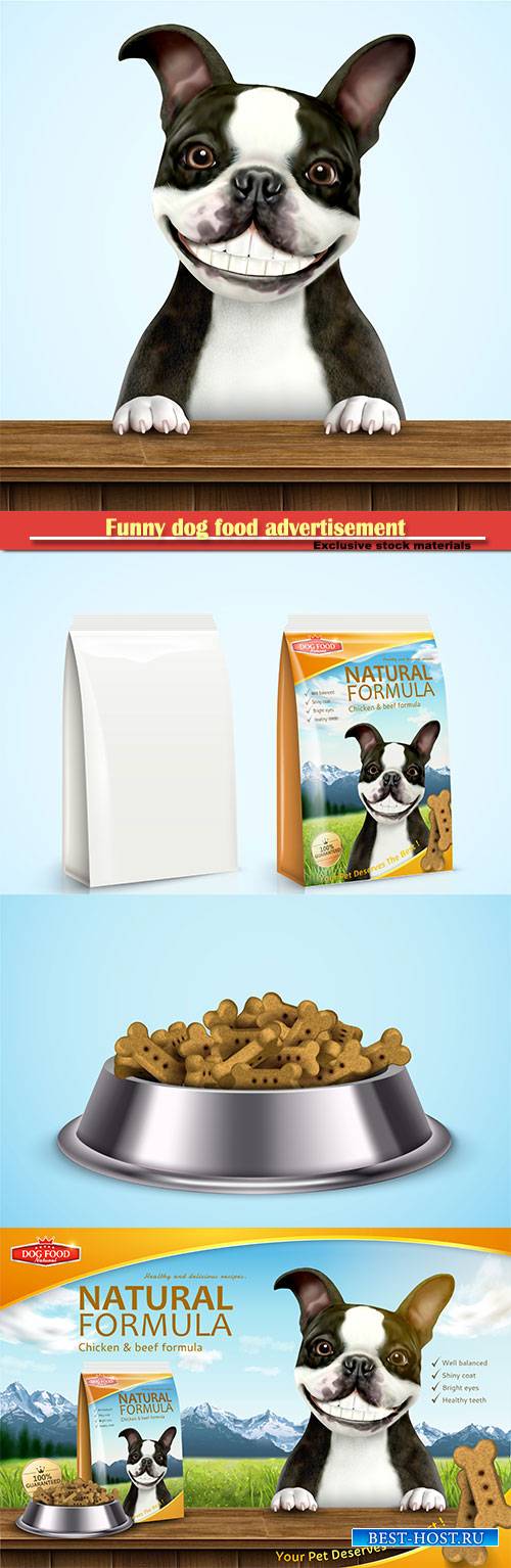 Funny dog food advertisement in 3d vector illustration