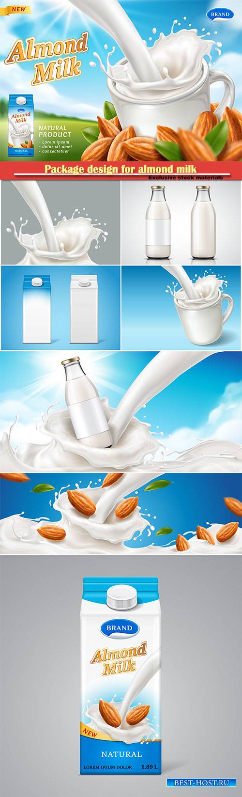 Package design for almond milk or vegan drink, meal advertising theme