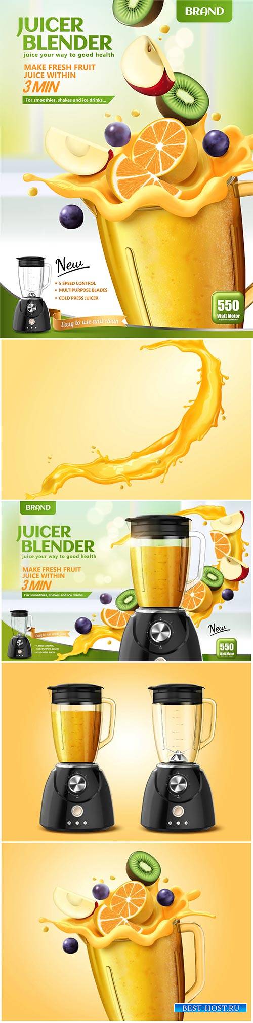 Juicer blender ads with fresh sliced fruits dropping in container, 3d vecto ...