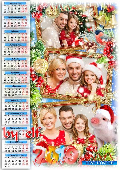 Календарь на 2019 год с рамками для фото и символом года - Счастья полное лукошко пусть несет вам Новый год