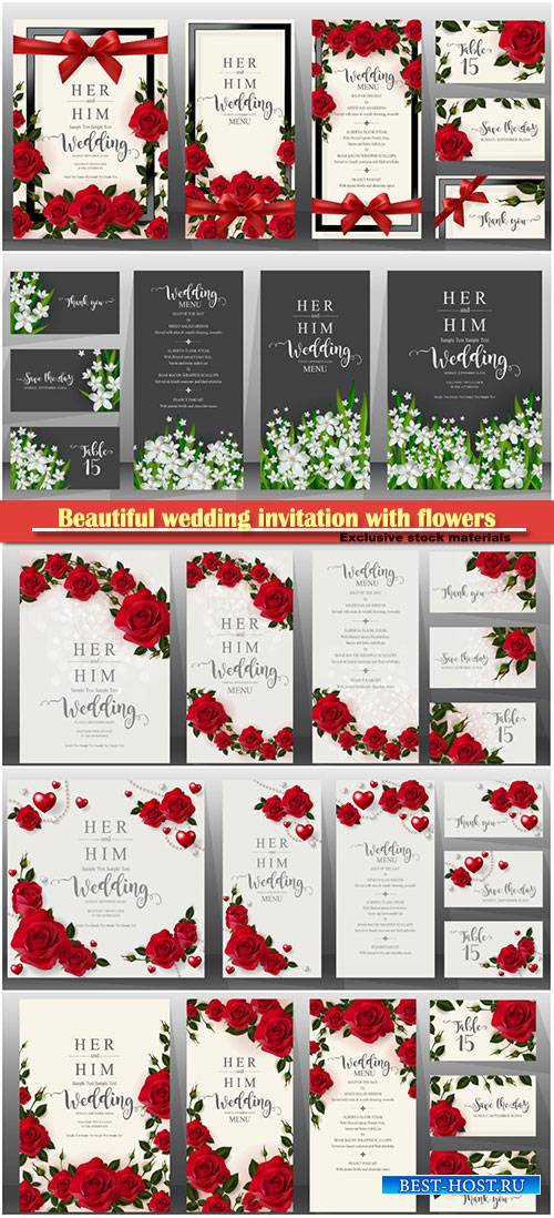 Beautiful wedding invitation with flowers in vector