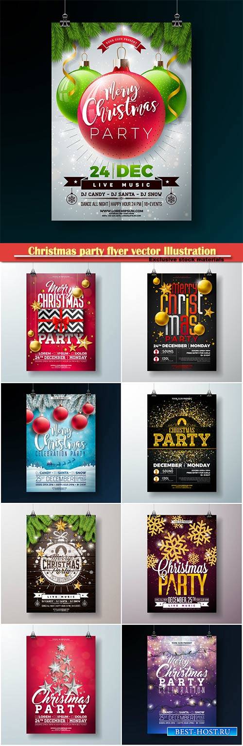 Christmas party flyer vector Illustration, New Year 2019