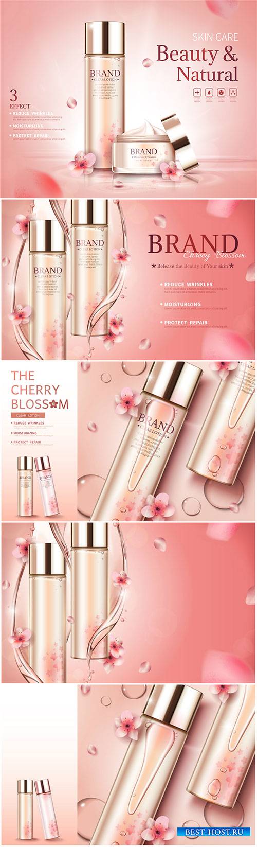 Cherry blossom skin care ads with swirl essence and petals in 3d vector ill ...