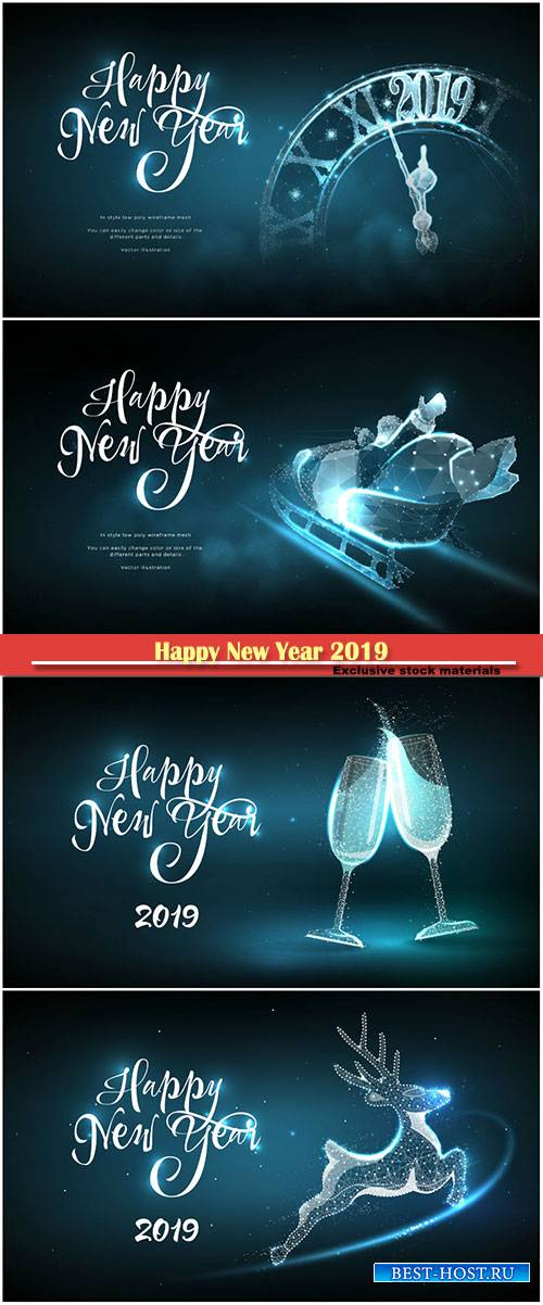 Happy New Year 2019, Christmas vector greeting card