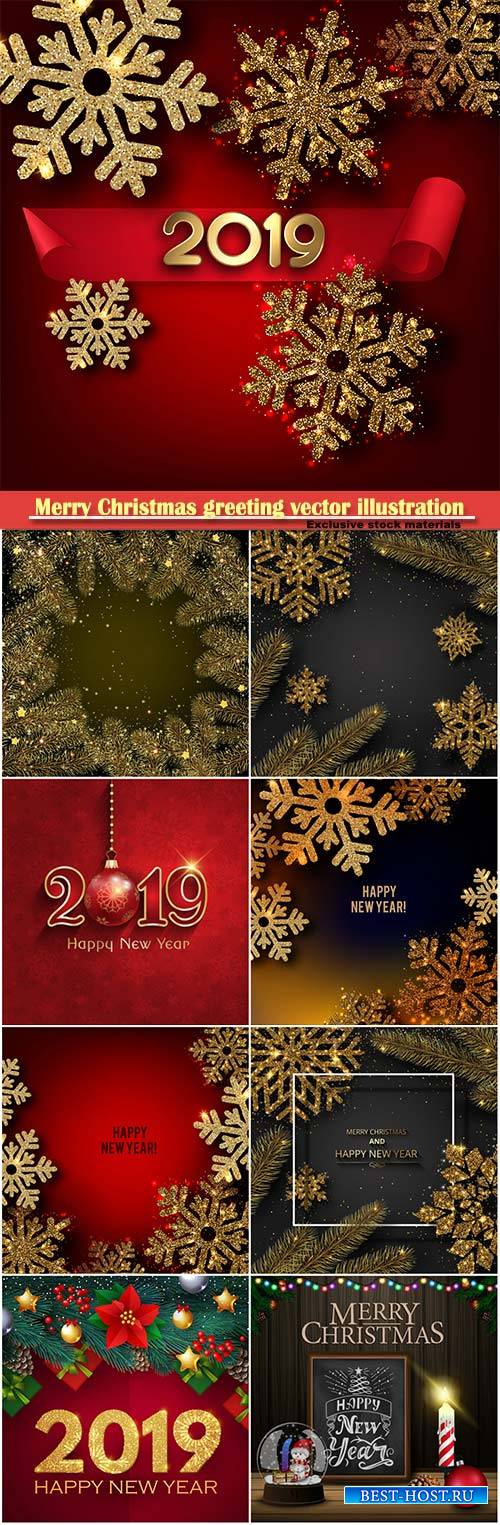 Merry Christmas greeting vector illustration with golden snowflakes