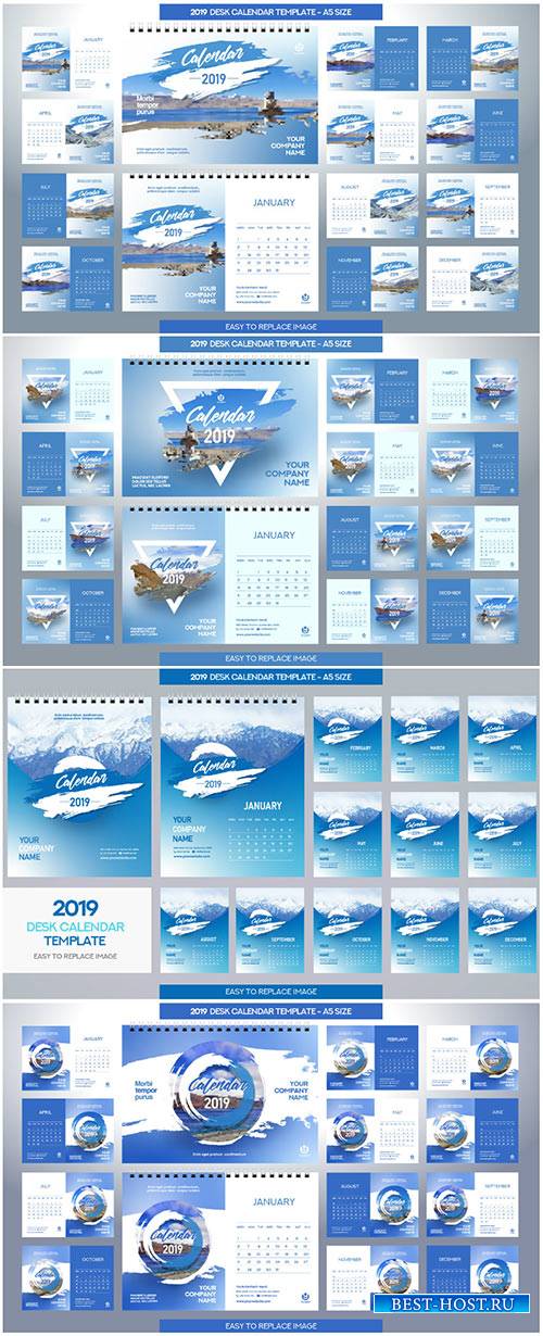 Desk Calendar 2019 vector template, 12 months included