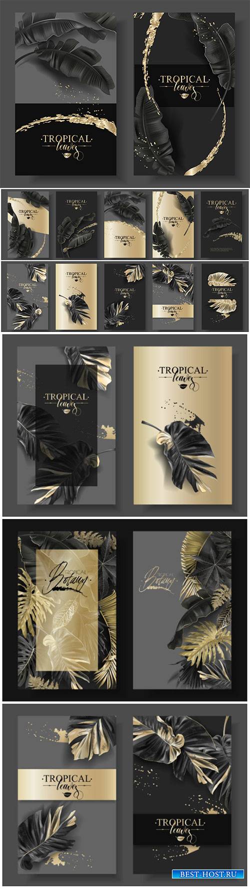 Vector banners with black gold tropical leaves and splashes, luxury exotic  ...