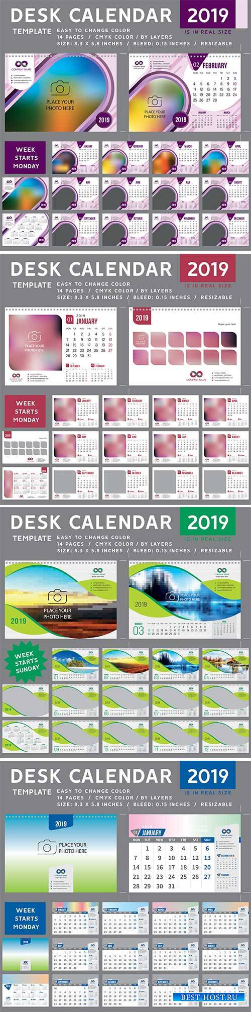Desk Calendar 2019 vector template, 12 months included # 2