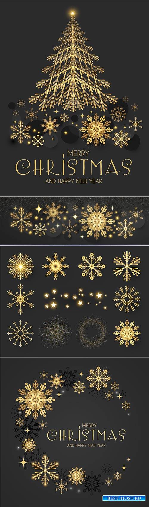 Christmas vector illustration with golden snowflakes