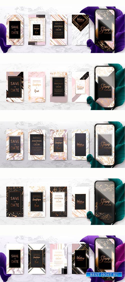 Trendy kit template pack with gold and marble texture, promotion flyer backgrounds