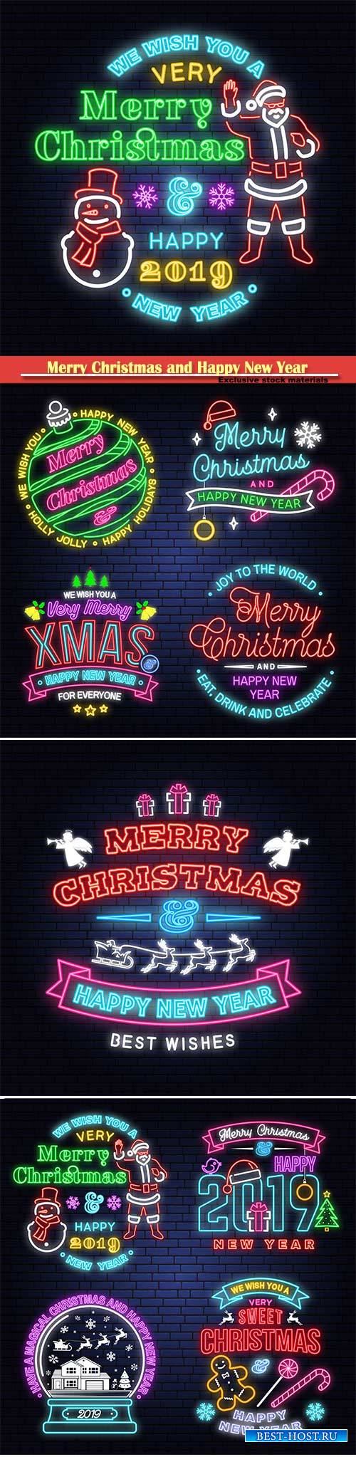 Merry Christmas and Happy New Year neon vector sign