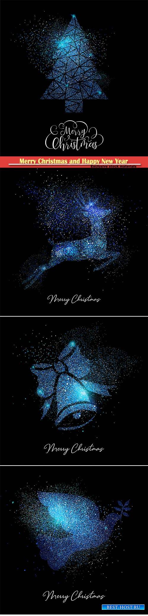 Merry Christmas blue glitter greeting vector card