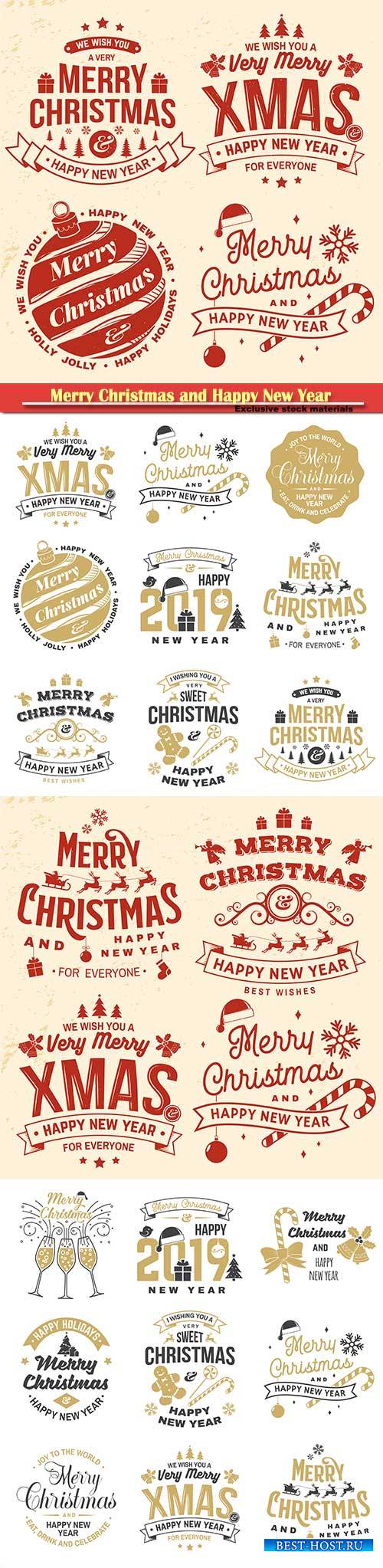 Merry Christmas and 2019 Happy New Year stamp, sticker set