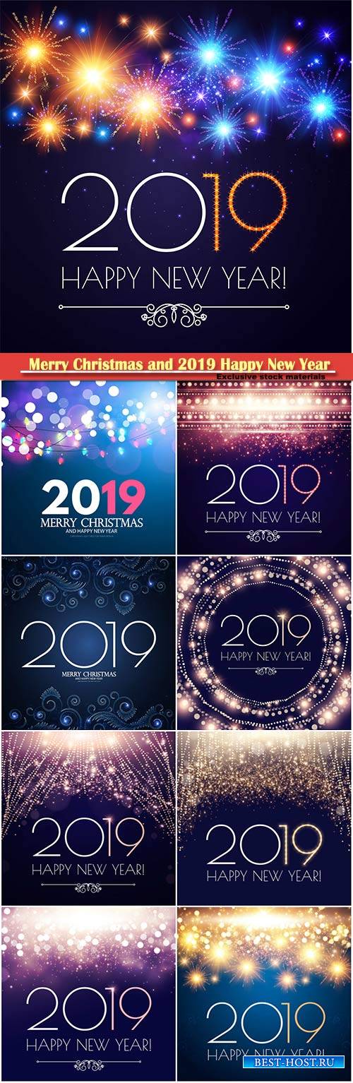 Happy Hew 2019 Year vector card with fileworks, lights and bokeh effect