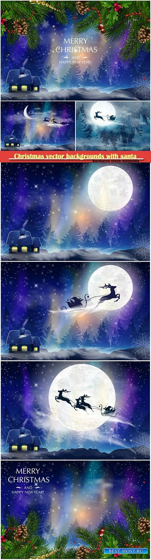 Christmas vector backgrounds with santa and deer flying through the sky