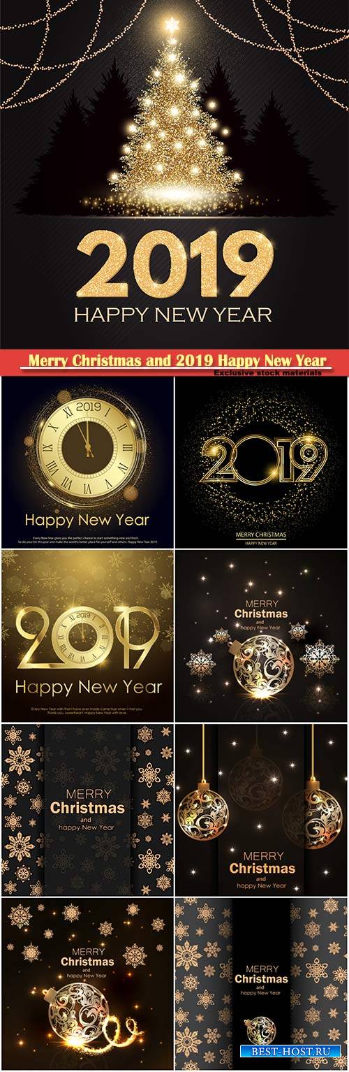 Happy New 2019 Year vector elegant card with gold shining christmas tree